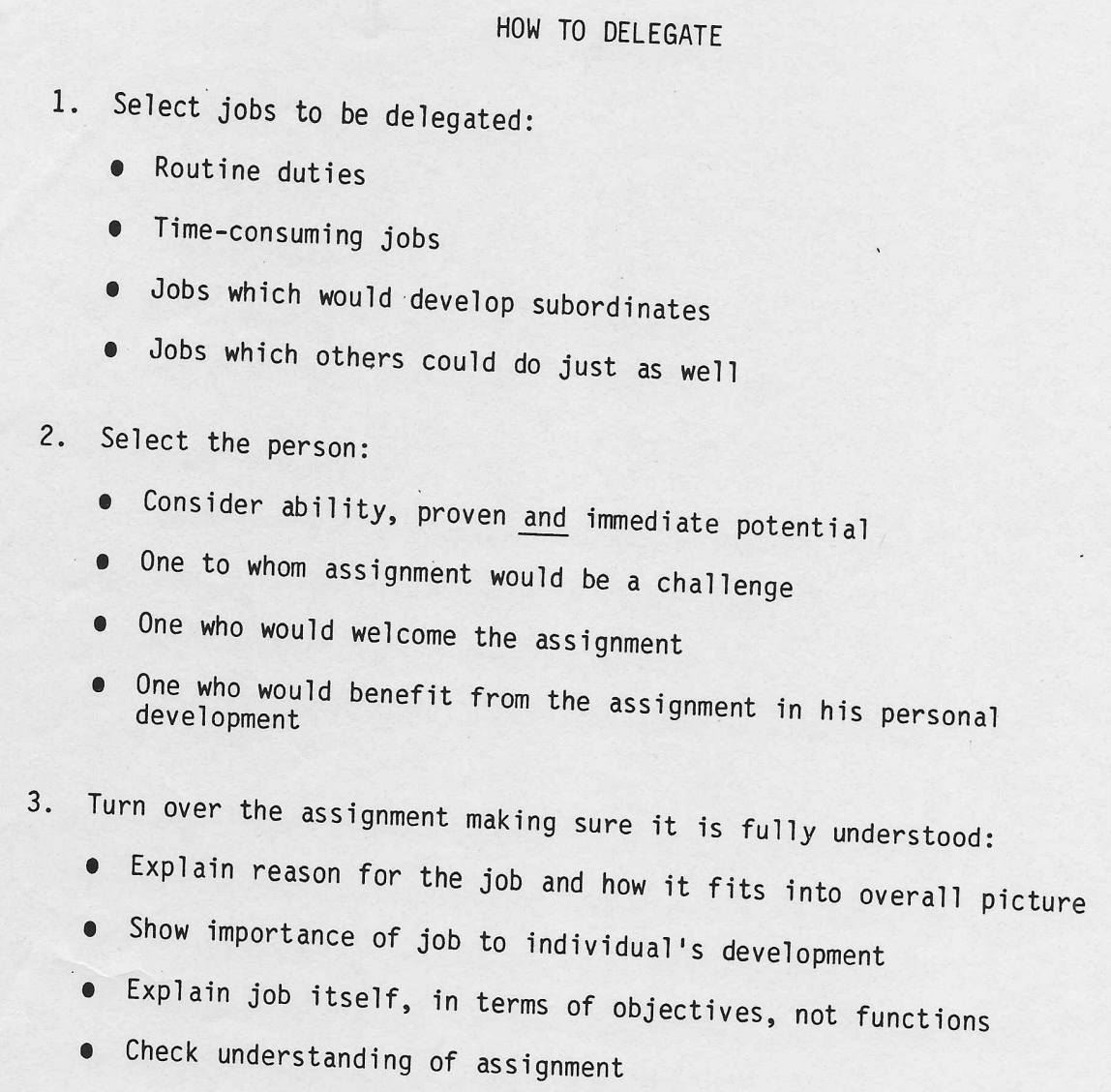 Numbered topics include “select jobs to be delegated”, “select the person”, and “turn over the assignment”.