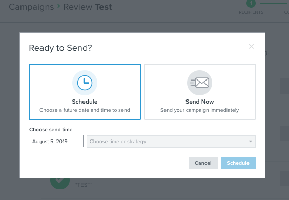 A modal for choosing the send time for a Klaviyo campaign