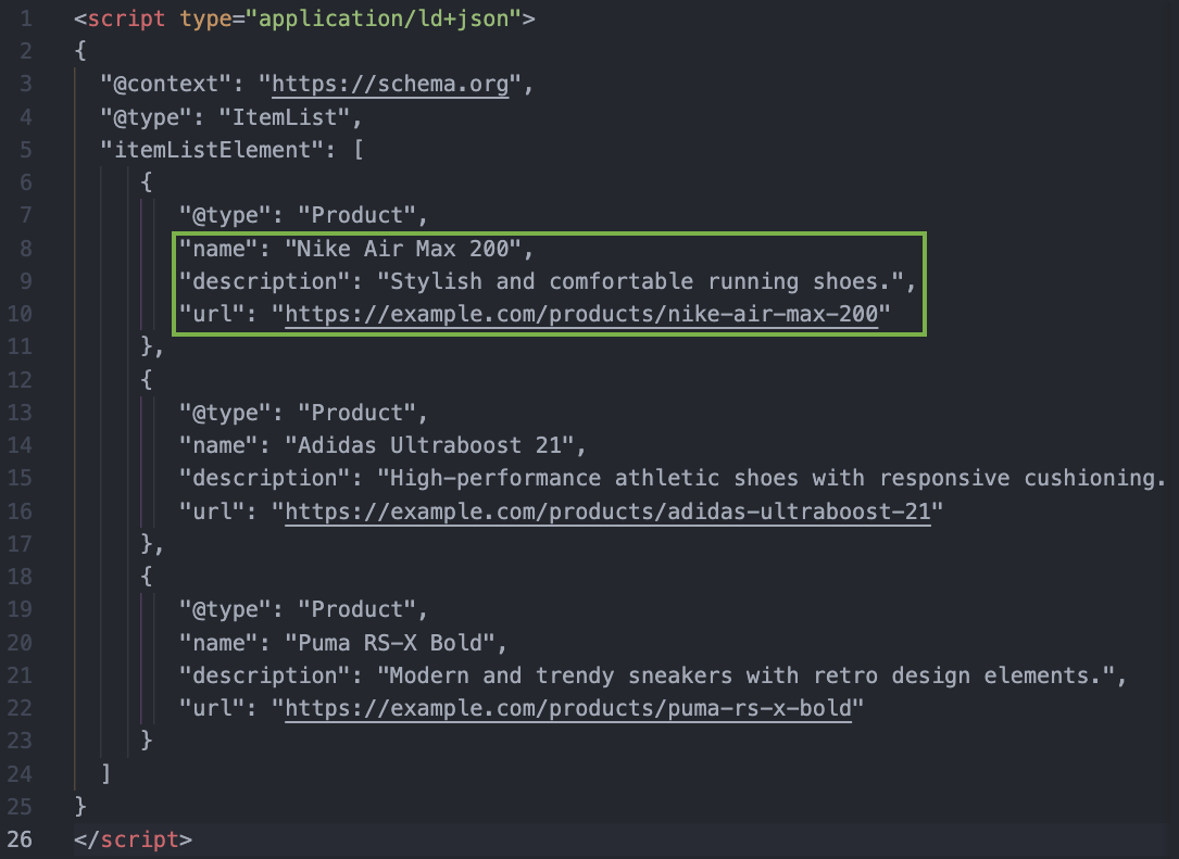 Example of individual product schema code