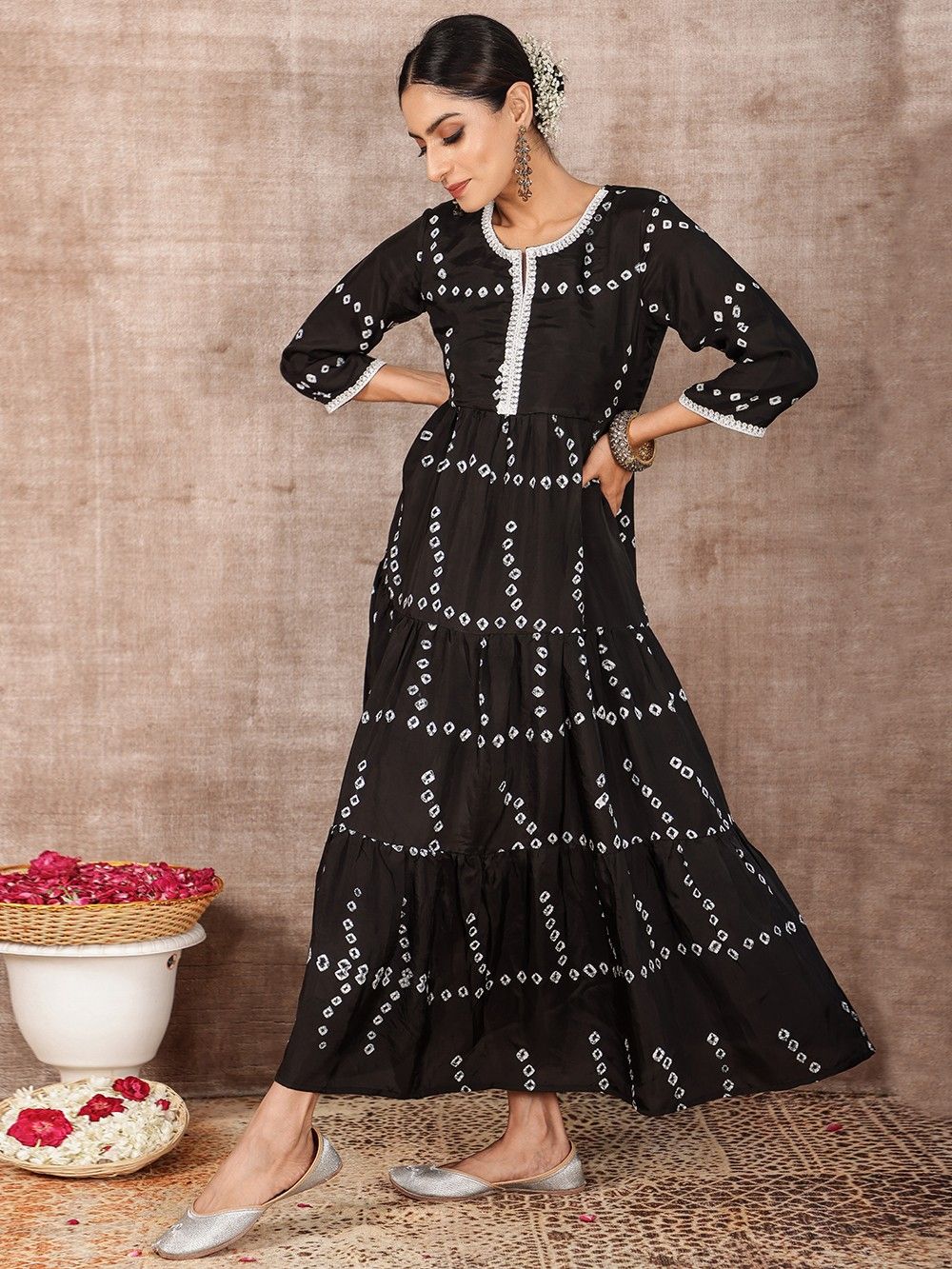 the loom - Black Bandhani Silk Tiered Dress