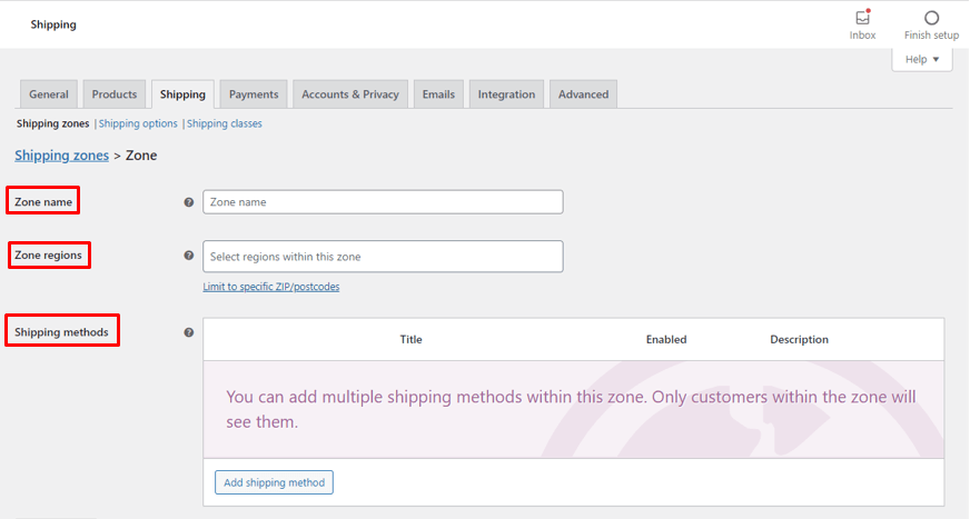 Different options in 'shipping zones' to calculate the WooCommerce shipping rates.