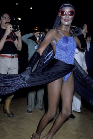 Jones was a regular on the late-70s disco scene at the beginning of her career, hanging out at Studio 54 and other New York clubs. Her outfits during this era rarely included trousers, instead adopting a leotard or bikini-dress code. Sunglasses at night were a given.Photo by Ron Galella/WireImage)