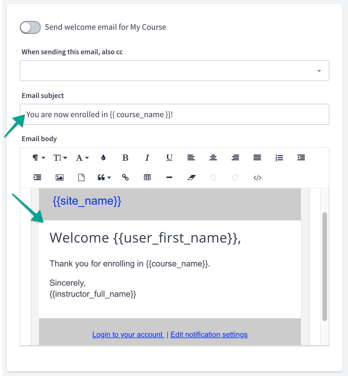 Creating course welcoming email in Thinkific
