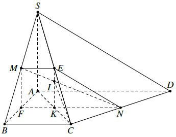 30. Cho hình chóp (S.ABCD)có đáy là hình thang vuông tại (A) và (B). Biết (SA)vuông góc với mặt phẳng đáy ((ABCD)) và (SA = AB = BC = a,AD = 2a). Gọi (M,,N)lần lượt là trung điểm của (SB,CD); (varphi ) là góc giữa đường thẳng (MN)và mặt phẳng ((SAC)). Tính (sin varphi ).</p> 1