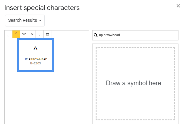 searching for Arrowhead Symbols in special characters in google docs