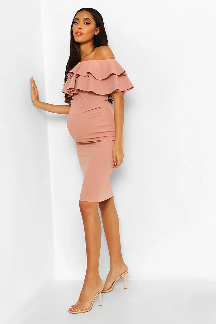 ASOS DESIGN Maternity Rib Long Sleeve Midi Dress With Twist Front in Beige