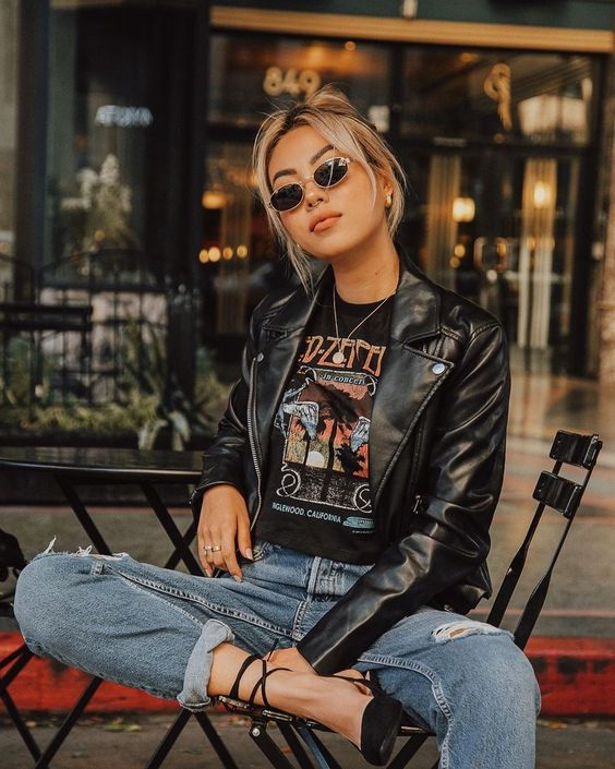 lady wearing chic fashion style with leather jacket