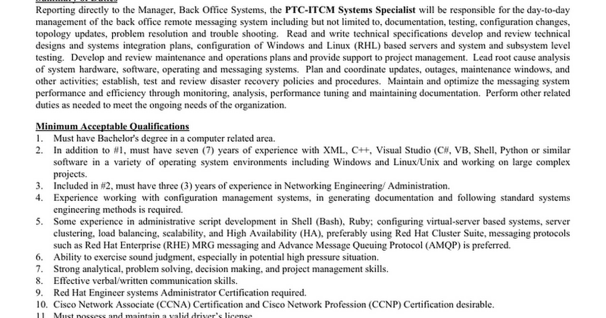 PTC - ITCM Systems Specialist #306