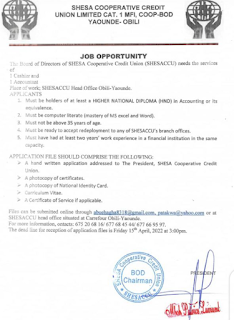 New job opportunity at  SHESA Cooperative Credit union Yaoundé Cameroon
