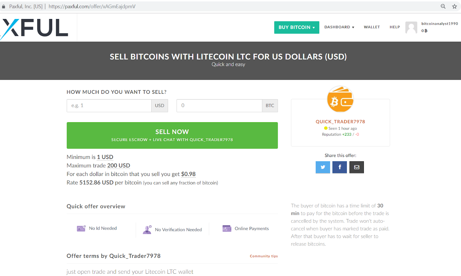 Paxful sell bitcoins with Litecoin LTC for US dollars page.