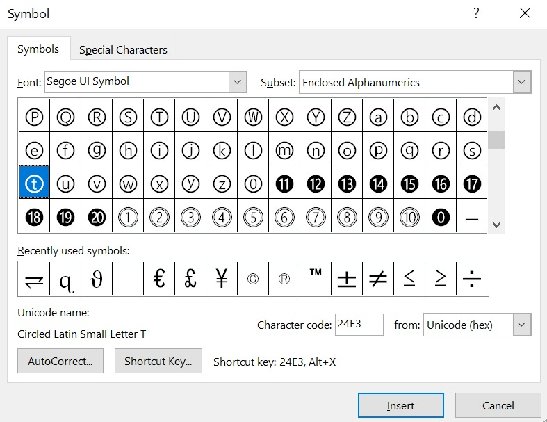searching for Lowercased Circled T symbols text using the character code