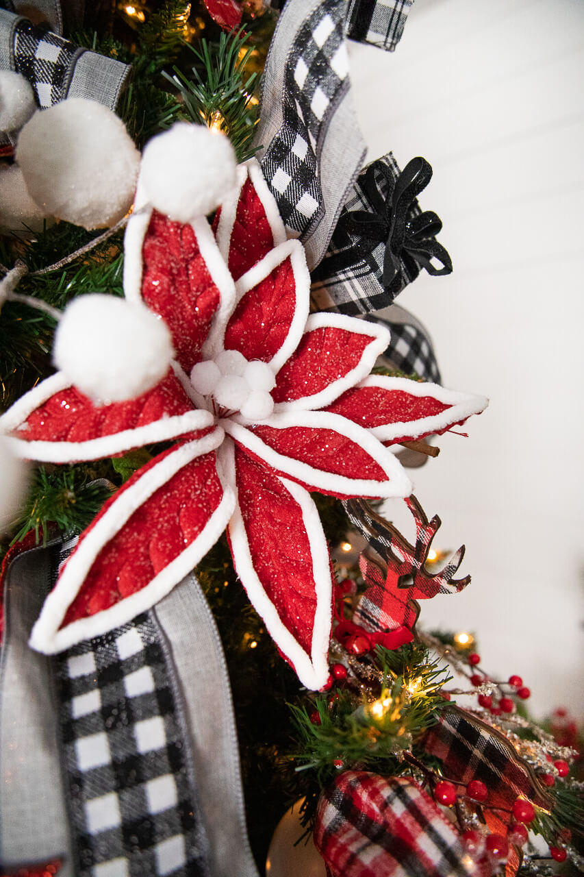 Red, black, and white Christmas tree decor
