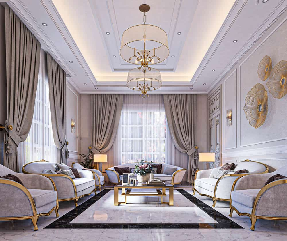 Phòng khách biệt thự phong cách Tân cổ điển mang đến vẻ lộng lẫy, xa hoa