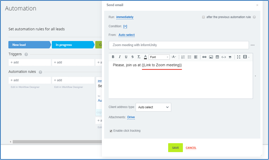 Screenshot of the window with automated rule configurations