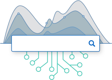 A graphic displays a search box overlaid on analytics and query pipelines.