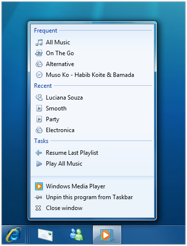 Windows Media Player jump lists