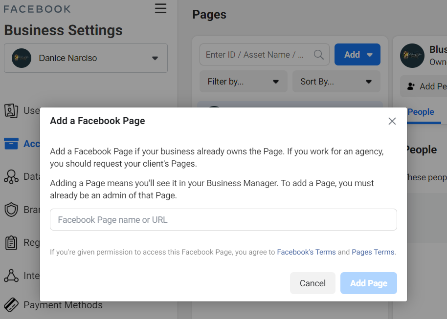 A pop-up window will appear, enter your Facebook Page name or URL. Then click Add Page.