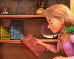 Personagem de animação pegando livros na estante. 