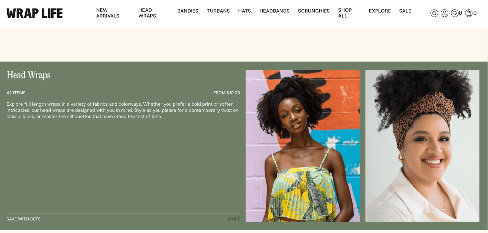 Support Black-owned businesses–A screenshot of The Wrap Life’s Head Wraps product page showing images of two different women wearing head wraps. 
