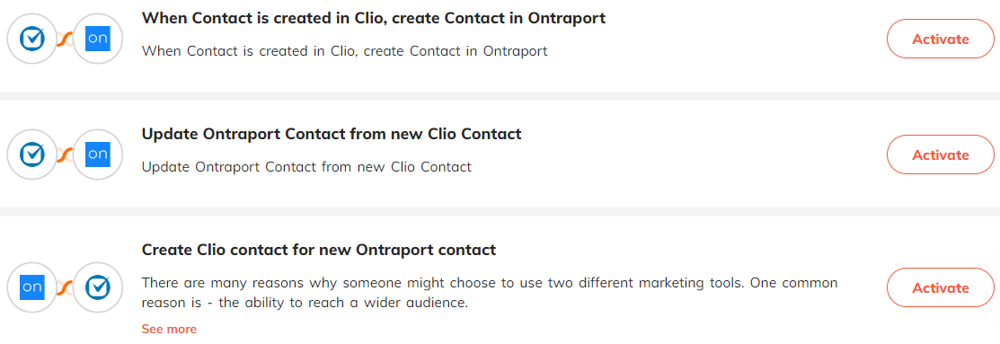 Popular automations for Clio & Ontraport integration.