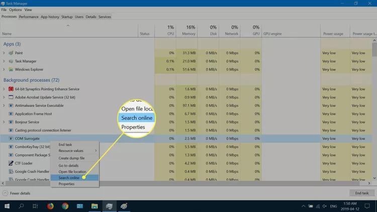 หากคุณเห็นกระบวนการที่น่าสงสัยทำงานอยู่ ให้คลิกขวาที่กระบวนการนั้นแล้วเลือก ค้นหาออนไลน์