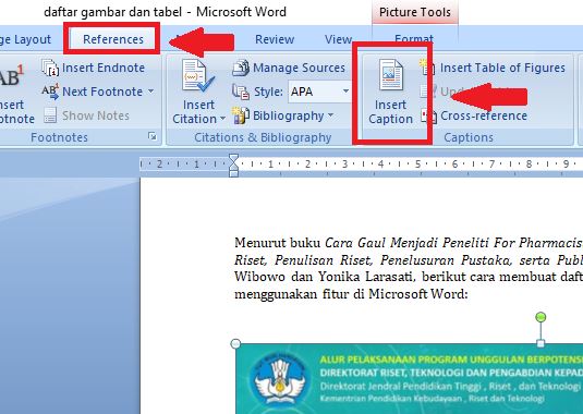 Masuk ke menu “References” dan pilih “Insert Caption” 
