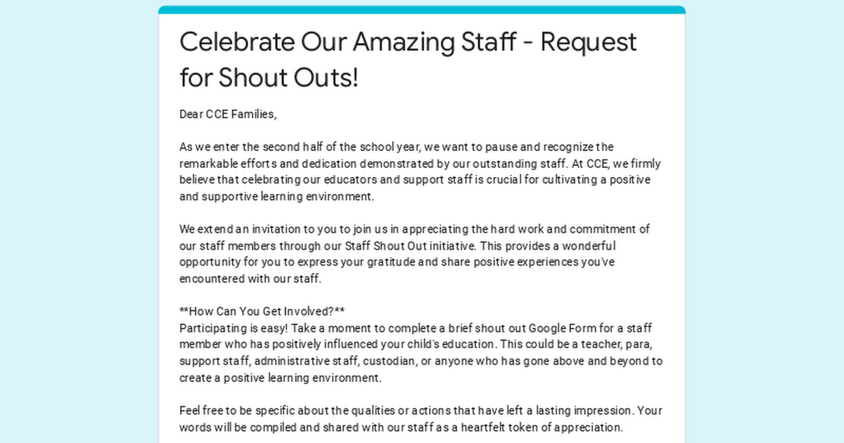 Celebrate Our Amazing Staff - Request for Shout Outs!
