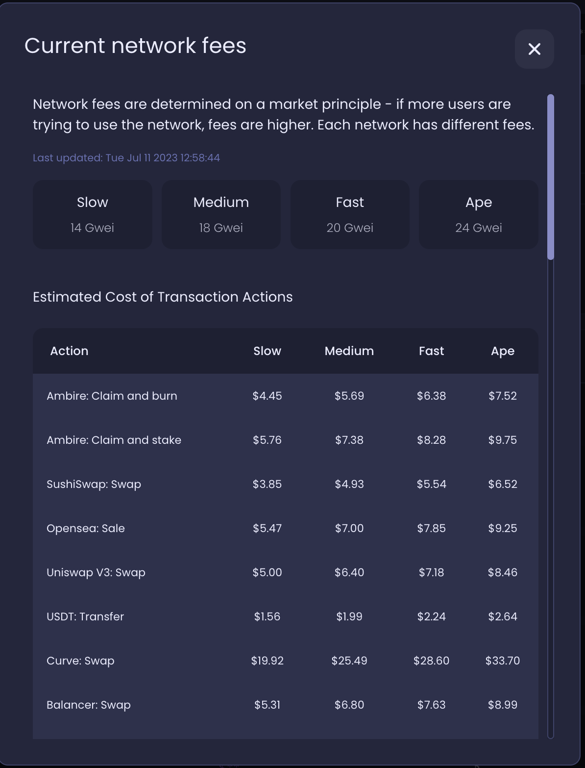 Gas Station modal in Ambire Wallet: prices for different popular operations